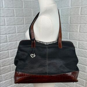 VINTAGE BRIGHTON LARGE HANDBAG BLACK PEBBLED LEATHER AND CROC EMBOSSED SILVER